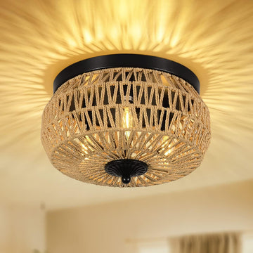 3 Lights Woven Rattan Flush Mount Ceiling Light Fixture With Hand Worked Cage Shade For Bedroom, Kitchen, Foyer, Porch Brown Rattan Metal