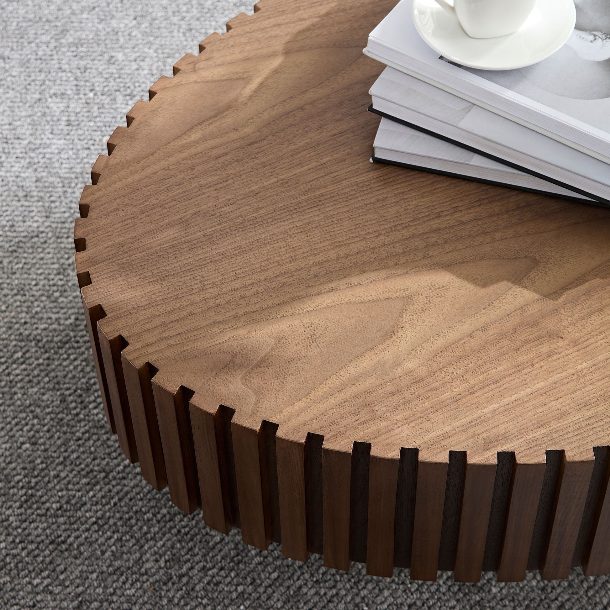 Modern Handcraft Drum Coffee Table Length 43.7 Inch Ellipse Coffee Table For Living Room,Oval Small Coffee Table With Sturdy Pedestal,Walnut Mdf Walnut Mdf