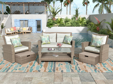 Patio Furniture Set, 4 Piece Outdoor Conversation Set All Weather Wicker Sectional Sofa With Ottoman And Cushions Beige Rattan