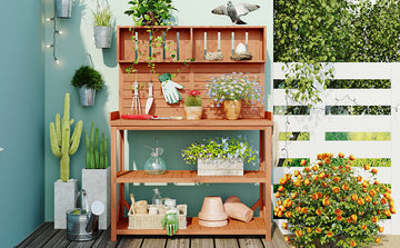 65" Large Wooden Farmhouse Rustic Outdoor Potting Bench Table, Patio Workstation, Garden Potting Bench With 4 Storage Shelves And Side Hook,Natural Natural Garden & Outdoor Casual Wood Solid Wood