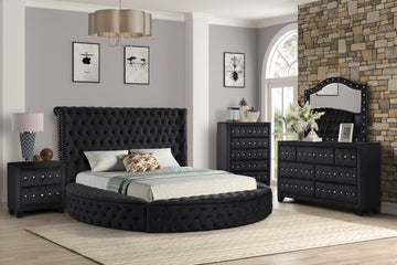 Hazel King 5 Pc Bedroom Set Made With Wood In Black Color Box Spring Not Required King Black Wood 5 Piece Set Bedroom Bed Included,Chest Included,Dresser Included,Mirror Included,Nightstand Included Contemporary,Modern Solid Wood Mdf Velvet Tufted Wood