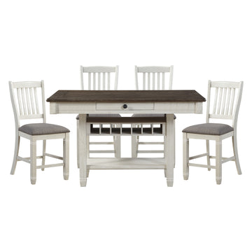 Antique White And Rosy Brown Counter Height Dining 5Pc Set Counter Height Table W Storage Display Shelf 4X Drawers Wine Rack And 4X Counter Height Chairs Wood Wood Antique White Seats 4 Wood Dining Room Casual Rectangular Dining Table With Chair Wood