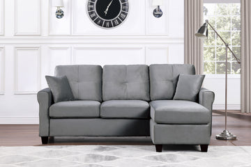 Reversible Configuration 1Pc Sectional Sofa With 2 Pillows Gray Velvet Fabric Upholstered Tufted Back Living Room Furniture Gray Primary Living Space Solid Wood