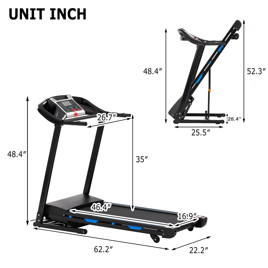 Treadmills For Home, Electric Treadmill With Automatic Incline, Foldable 3.5Hp Workout Running Machine Walking, Double Running Board Shock Absorption Pulse Sensor Bluetooth Speaker App Fitshow.