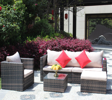 Rattan Patio Furniture Set Wicker Sofa Cushioned Sectional Furniture Set Garden Patio Sofa Set 4 Pieces, Brown Brown Rattan