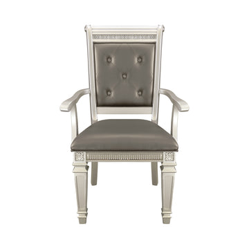 Modern Glam Silver Finish Dining Furniture Set Of 2 Armchairs Gray Faux Leather Upholstered Wooden Dining Room Furniture Silver Dining Room Glam,Modern Arm Chair Wood