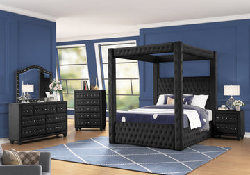Monica Luxurious Four Poster Queen 5 Pc Bedroom Set Made With Wood In Black Box Spring Not Required Queen Black Wood 5 Piece Set Bedroom Modern Upholstered Velvet Tufted Wood
