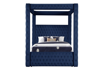 Monica Luxurious Four Poster Full Bed Made With Wood In Navy Box Spring Not Required Full Navy Wood Bedroom Modern Upholstered Velvet Wood
