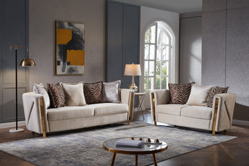 Chanelle Thick Velvet Fabric Upholstered 2Pc Living Room Set Made With Wood In Beige Beige Velvet Wood Primary Living Space Soft Cushion Back Contemporary,Modern Solid Wood Mdf Wood 5 Seat