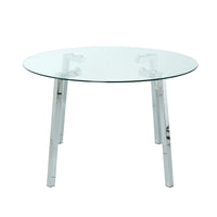 Modern Simple Table With A Glass Round Table And Six Chairs. Transparent Tempered Glass Table Top, Electroplated Table Legs, Bow Chair Legs Set Of 7 Light Yellow Round Glass Metal