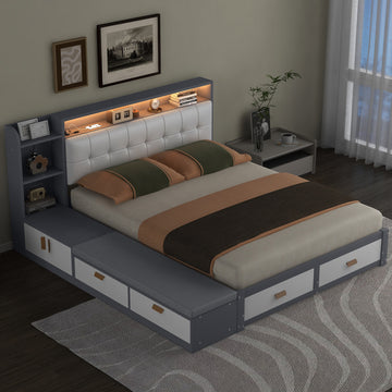 Queen Size Low Profile Platform Bed Frame With Upholstery Headboard And Storage Shelves And Drawers,Usb Charging Design,Gray Queen Gray Solid Wood Mdf