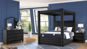 Monica Luxurious Four Poster King 4 Pc Bedroom Set Made With Wood In Black Box Spring Not Required King Black Wood 4 Piece Set Bedroom Modern Upholstered Velvet Tufted Wood