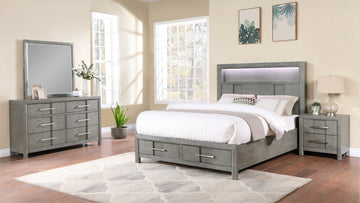 Kenzo Modern Style King 4Pc Storage Bedroom Set Made With Wood, Led Headboard, Bluetooth Speakers & Usb Ports Grey Box Spring Not Required King Gray Wood 4 Piece Set Bedroom Bed Included,Dresser Included,Mirror Included,Nightstand Included