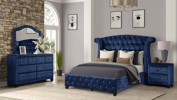 Sophia Full 4 Pc Bedroom Set In Color Blue Made With Wood Box Spring Not Required Full Blue Wood 4 Piece Set Bedroom Modern Acacia Upholstered Velvet Tufted Wood