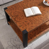 23.6 Inch Wide Square End Table, Burl Wood Grain Metal Countertop, Matte Black Metal Double Layer Living Room End Table Ash Brown Distressed Finish Primary Living Space Retro Open Storage Square