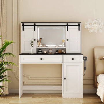 Farmhouse Dressing Table Makeup Table, 43" Wide Dressing Table With Lighted Mirror And Makeup Drawer, Large Modern Dressing Table Set With Hair Dryer Holder For Bedroom, White White Mdf