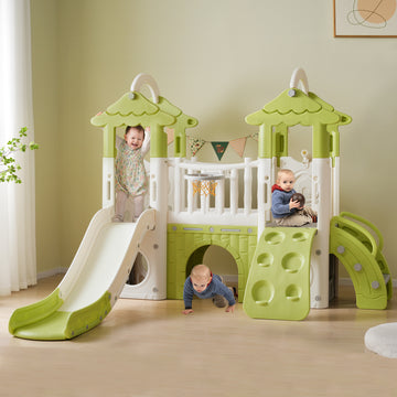 8 1 Toddler Climber And Slide Set,Kids Slide For Toddlers Age 1 , Kids Playground Climber Freestanding Slide Playset With Basketball Hoop, Play Combination For Babies,Indoor& Outdoor Green 150 199 Lbs Cute 1 To 2 Years Hdpe Indoor & Outdoor Use