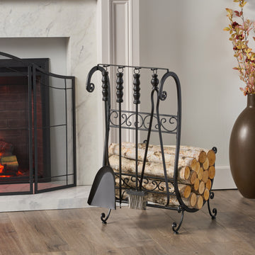 Log Rack And Tools Matt Black Iron