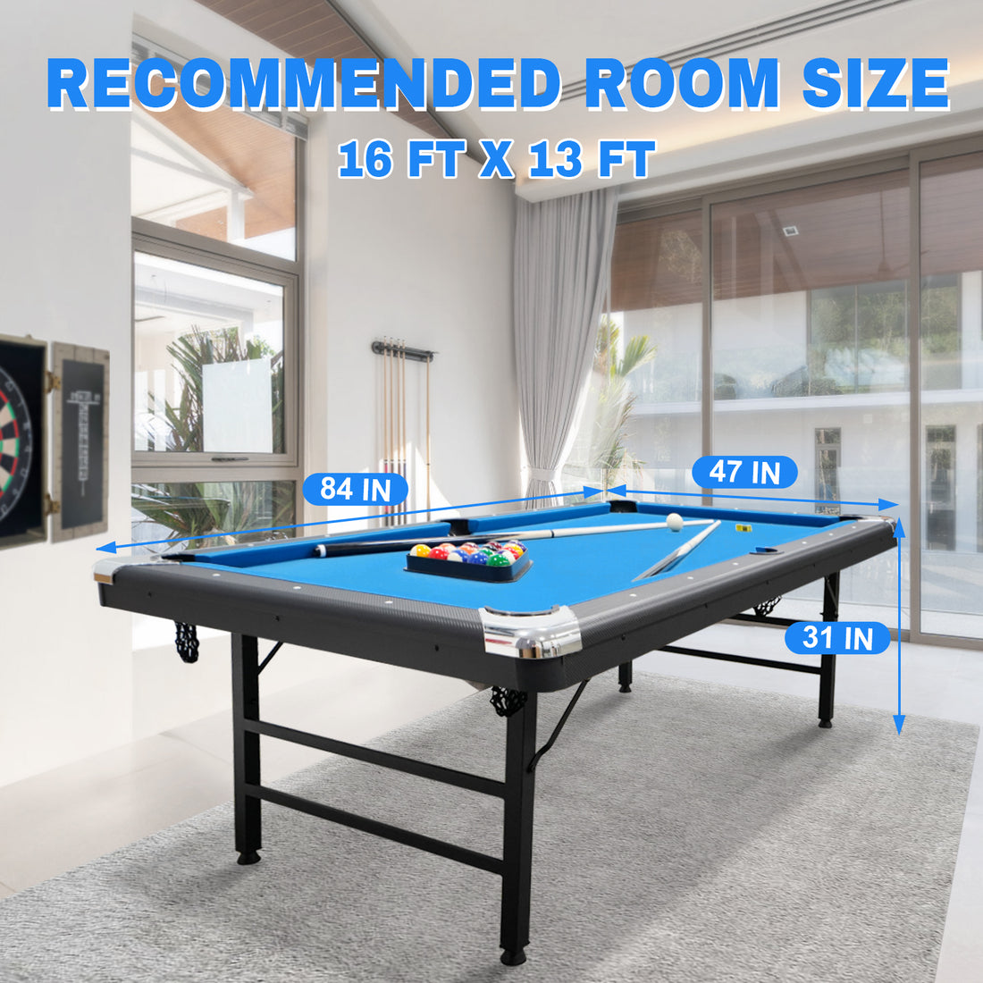 Billiards Table,Portable Pool Table, Includes Full Set Of Balls, 2 Cue Sticks, Chalk, And Felt Brush,Folding Pool Table,Simple Assembly Needed,Family Movement Indoor Fitness Black Blue Office Gym