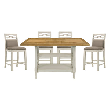5Pc Dining Set Counter Height Table Base With 2 Shelves, 4 Upholstered Counter Height Chairs Light Oak And Gray Finish Casual Country Style Dining Wooden Kitchen Furniture Gray,Light Oak Seats 4 Dining Room Rectangular Wood