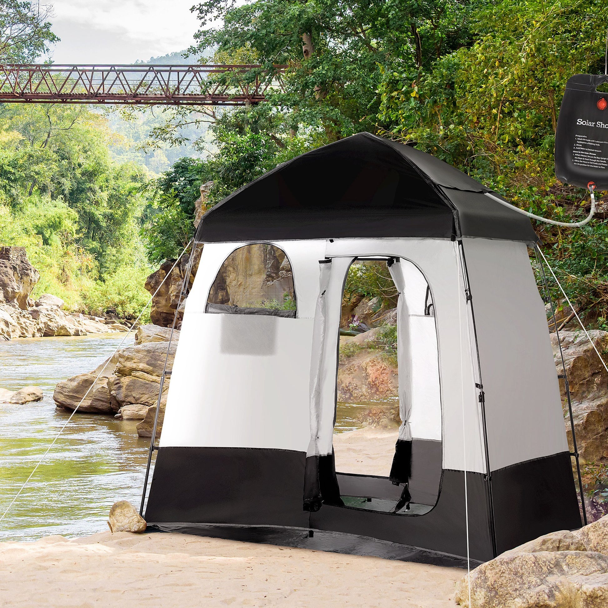 Outsunny Shower Tent, Pop Up Privacy Shelter For Camping, Dressing Changing Room, Portable Instant Outdoor Shower Tent Enclosure W 2 Rooms, Shower Bag, Floor And Carrying Bag, Black Black Taffeta
