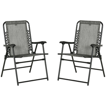 Outsunny Set Of 2 Patio Folding Chairs, Outdoor Bungee Sling Chairs W Armrests, Portable Lawn Chairs For Camping, Garden, Pool, Beach, Backyard, Gray Gray Steel