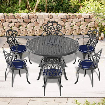 Cushions In Random Colors 7 Piece Set Of Cast Aluminum Patio Furniture With Cushions Yes Dining Set Black Seats 6 Rust Resistant Frame Water Resistant Cushion Garden & Outdoor Complete Patio Sets Aluminium