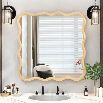 Solid Wood Wavy Square Mirror Natural Wood 36" X 36" Modern Mirror Wall Decor For Bathroom, Bedroom, Living Room, Dining Room, Cloakroom, Entryway Square Framed Natural Wood Living Room Large 33In 40In Glass Solid Wood