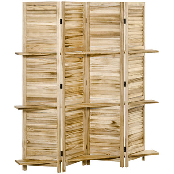 Homcom 4 Panel Folding Room Divider, 5.6 Ft Freestanding Paulownia Wood Privacy Screen Panel With Storage Shelves For Bedroom Or Office, Natural Wood Color Natural Wood Wood