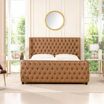 Brooklyn King Tufted Panel Bed Headboard And Footboard Set, Caramel Tan Brown Faux Leather Box Spring Required King Tan Brown Wood Foam Faux Leather Faux Leather