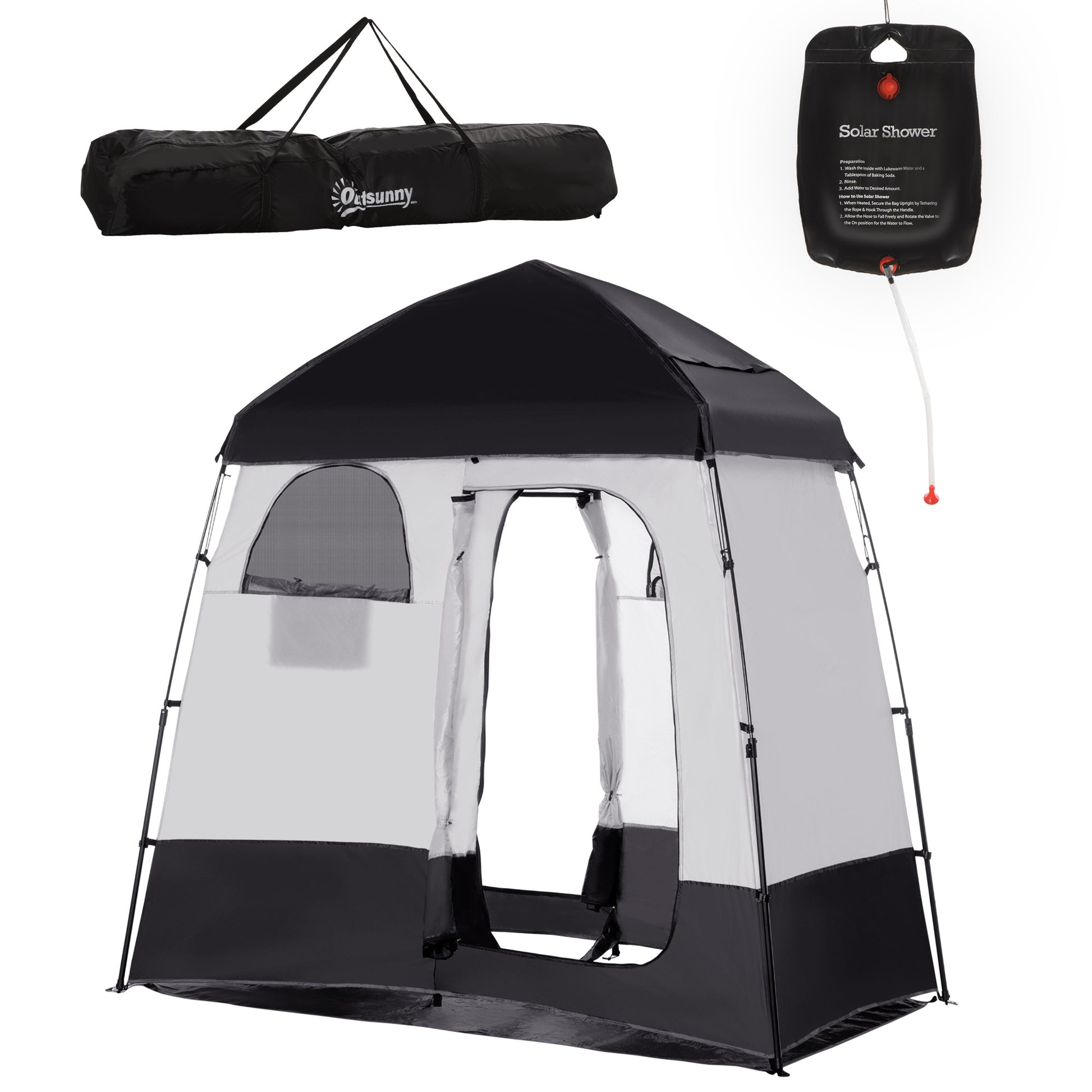 Outsunny Shower Tent, Pop Up Privacy Shelter For Camping, Dressing Changing Room, Portable Instant Outdoor Shower Tent Enclosure W 2 Rooms, Shower Bag, Floor And Carrying Bag, Black Black Taffeta