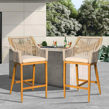 Bar Stools Set Of 2, Outdoor Counter Height Bar Chairs With Arm And Backrest, Aluminum Tall Bar Stools With Cushion Modern Textilene Rope Boho Barstools For Garden, Pool, Patio, Kitchen Square Backres Yes Khaki Garden & Outdoor 2 Person Seating Group
