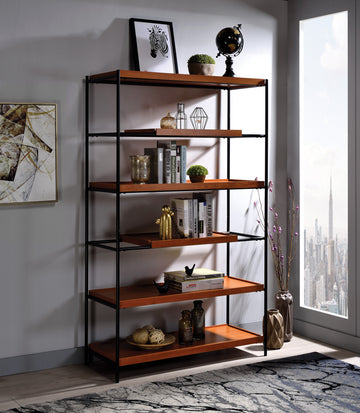 Honey Oak And Black 6 Shelf Bookshelf 6 Oak Etagere Horizontal Primary Living Space Open Back Wood Oak Adjustable Shelves Mdf Metal