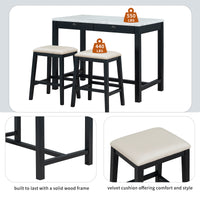 3 Piece Modern Faux Marble Versatile Bar Table Set With Storage Drawers And Padded Stools, Ideal For Space Saving Dining Nooks Or Small Kitchens Black Black Solid Wood Mdf