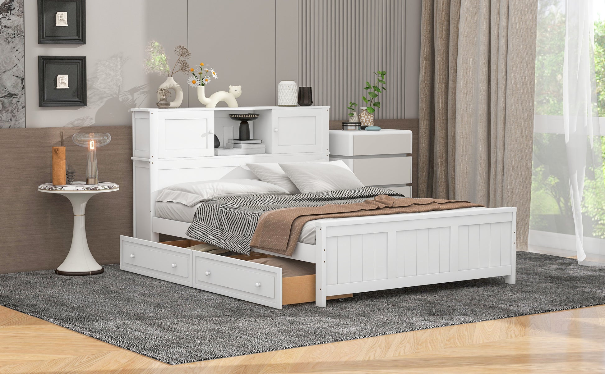 Full Size Platform Bed With Storage Headboard And Sliding Door,2 Drawers, White Full White Solid Wood Mdf