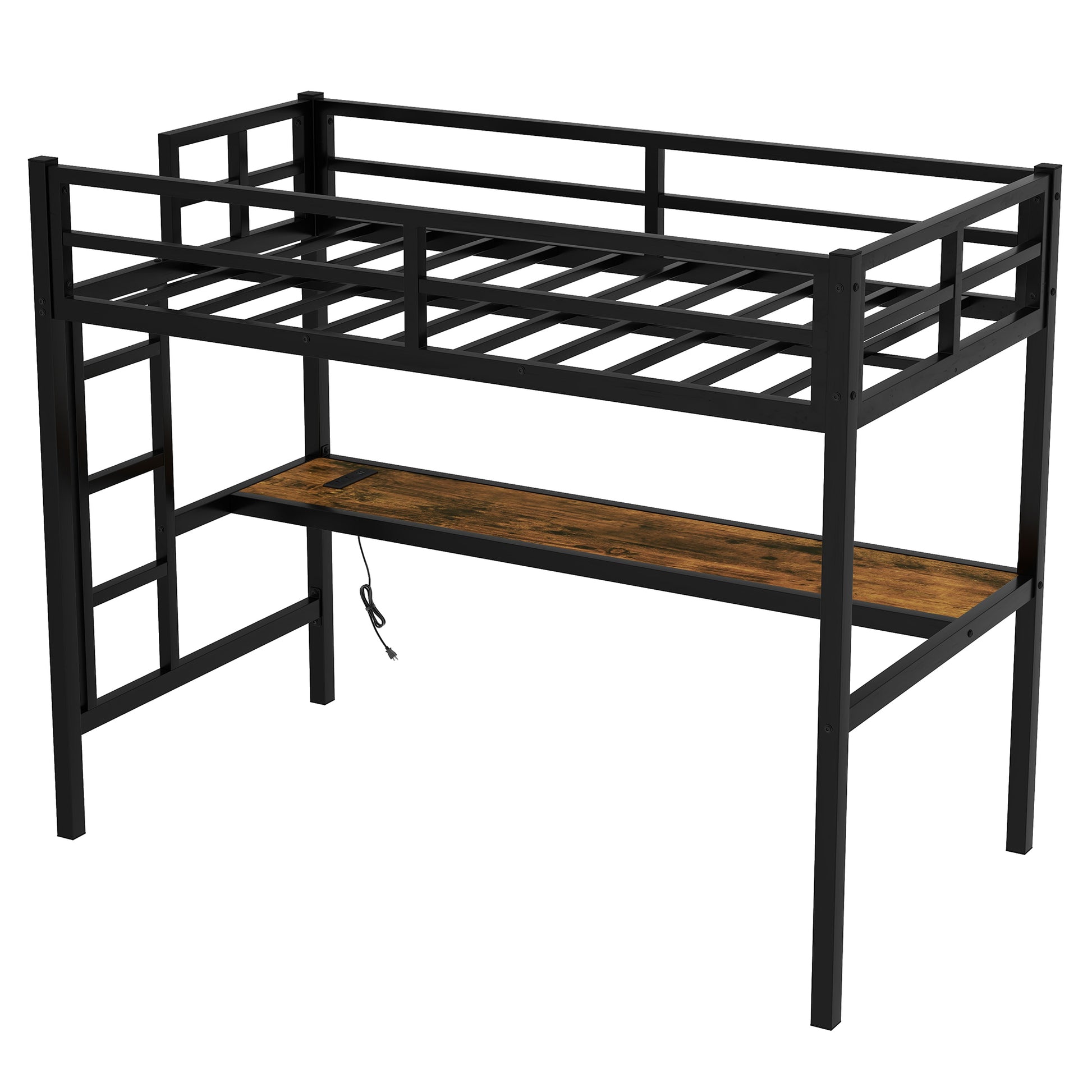 Metal Twin Xl Size Loft Bed With Power Outlet And Led Lighted, Space Saving, Noise Reduced, Black Twin Xl Black Metal