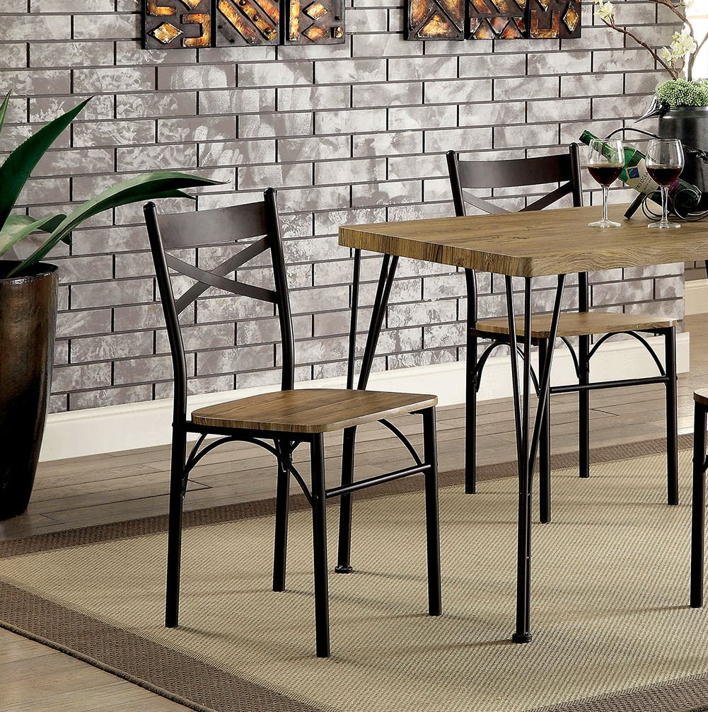 Dark Bronze Metal Kitchen 5Pc Dining Set Dining Table And 4X Side Chairs Paper Veneer X Cross Back Design Dining Room Furniture Metal Wood Natural Multi Seats 4 Metal Dining Room Solid Wood