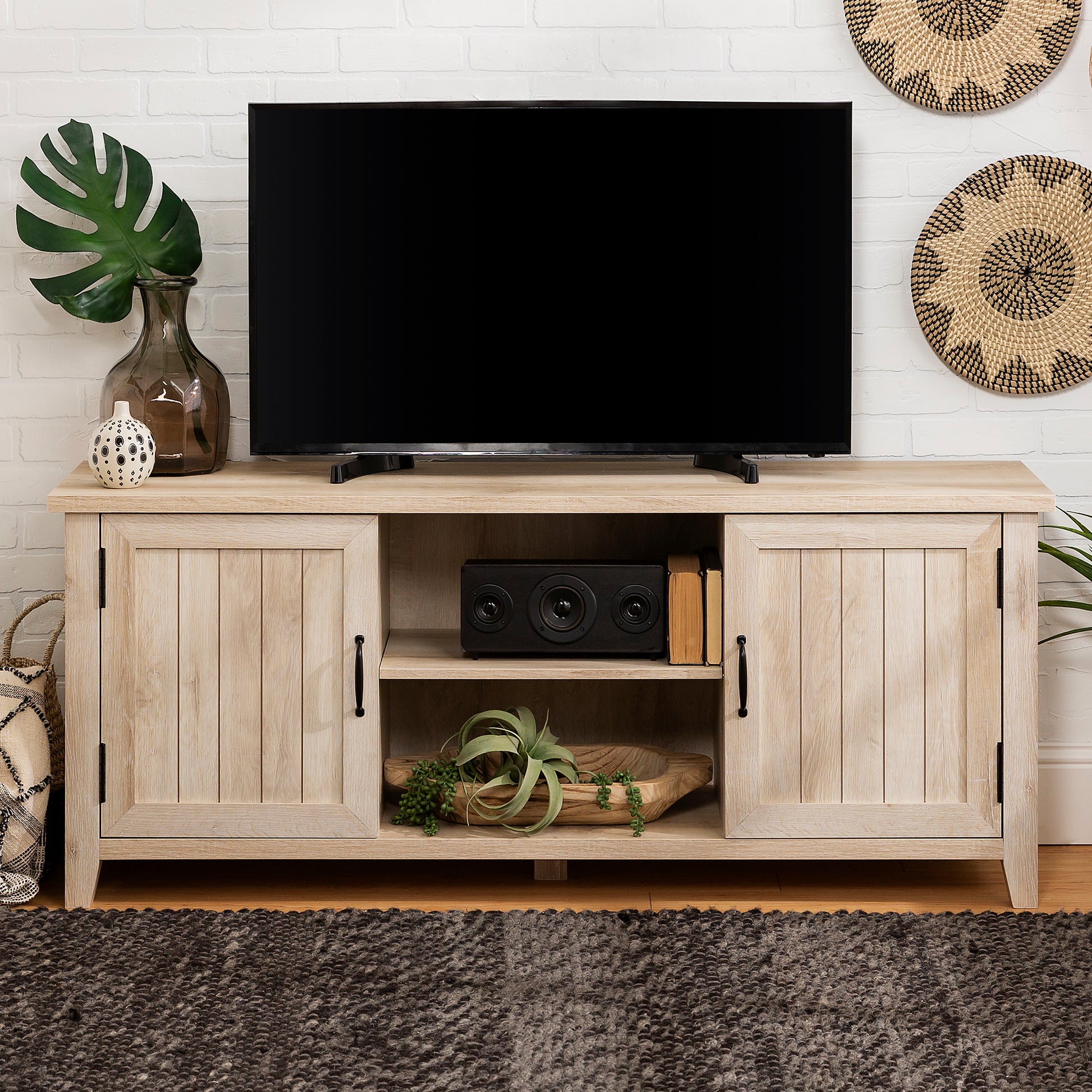 Classic Grooved Door Tv Stand For Tvs Up To 65" White Oak Brown Mdf