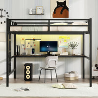 Metal Full Size Loft Bed With Power Outlet And Led Lighted, Space Saving, Noise Reduced, Black Full Black Metal