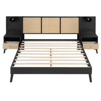 Queen Size Solid Wood Bed Frame With 2 Nightstands, Elegant Design With Lamps, Rattan And Wood Combination,Black Queen Black Wood