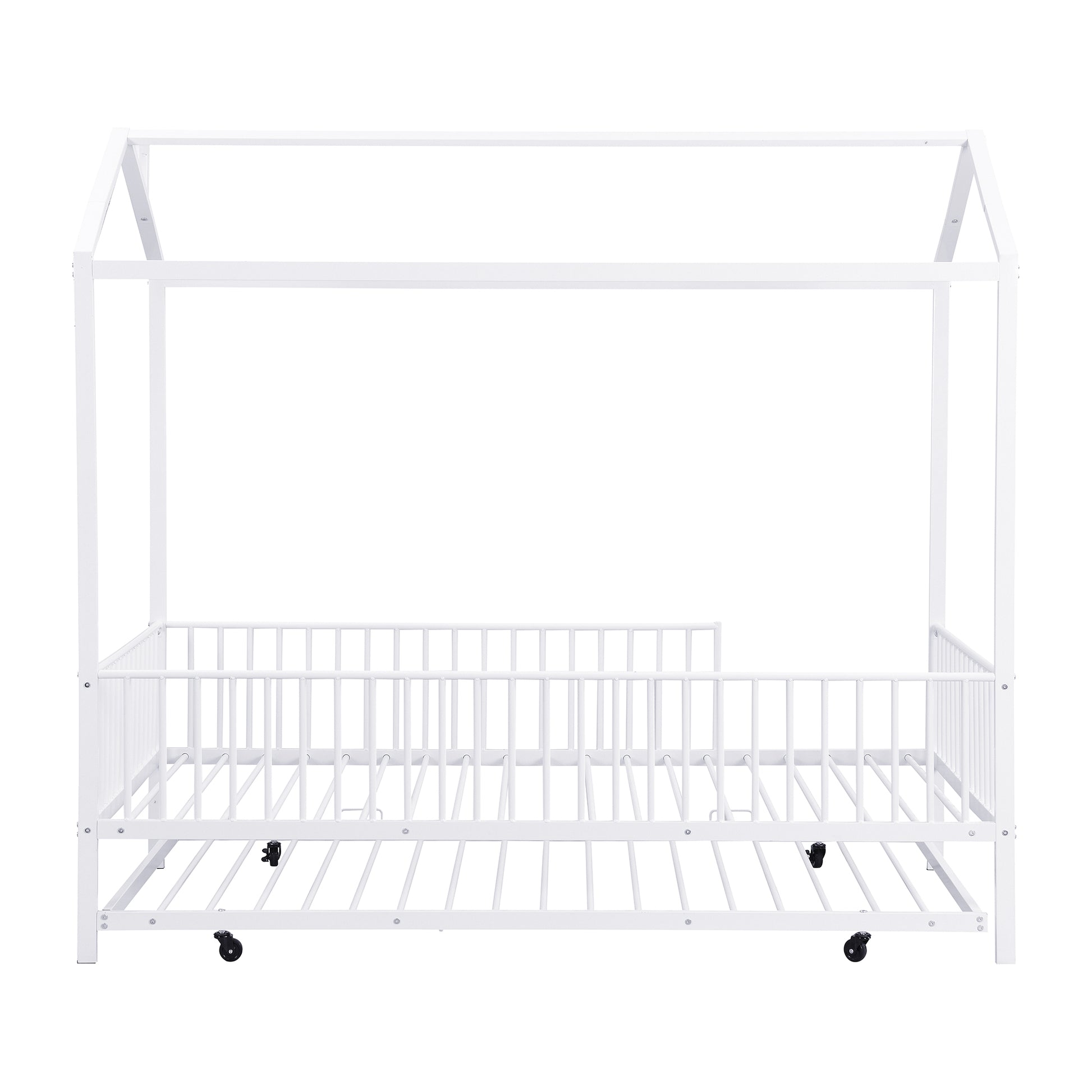 Twin Size Metal House Bed With Fence, With Trundle, White Twin White Metal