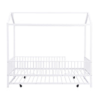 Twin Size Metal House Bed With Fence, With Trundle, White Twin White Metal