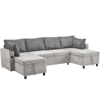 111.8" Sectional Sofa Pull Out Sofa Bed Versatile Sofa Sleeper With Large Storage Space, Two Usb Ports And Two Cup Holders For Living Room, Grey Grey Foam Chenille 4 Seat