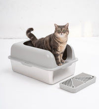 Enclosed Stainless Steel Cat Litter Box With Lid Extra Large, Litter Box For Big Cats Xl Metal Litter Pan Tray With High Wall Sides Enclosure, Non Sticky, Anti Leakage, Easy Cleaning Grey Stainless Steel