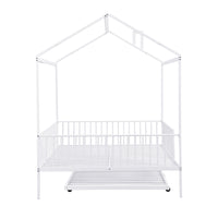 Full Size Metal House Bed With Fence, With Trundle, White Full White Metal