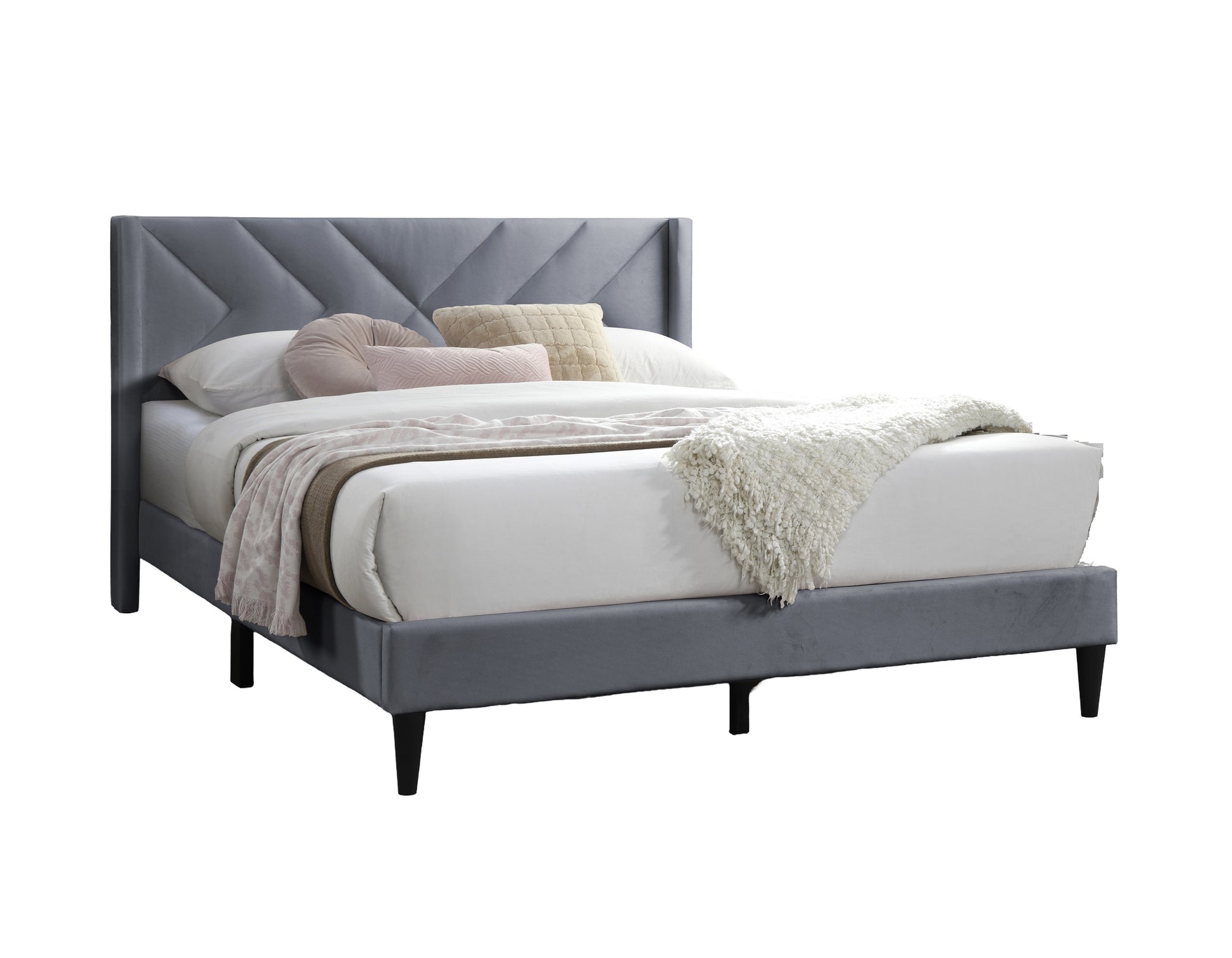 Elegant Modern Gray Velvet Upholstered Queen Size Bed Clean Lines Design Headboard 1Pc Bedframe Box Spring Not Required Queen Grey Wood Bedroom Contemporary,Modern Bed Frame Velvet Velvet