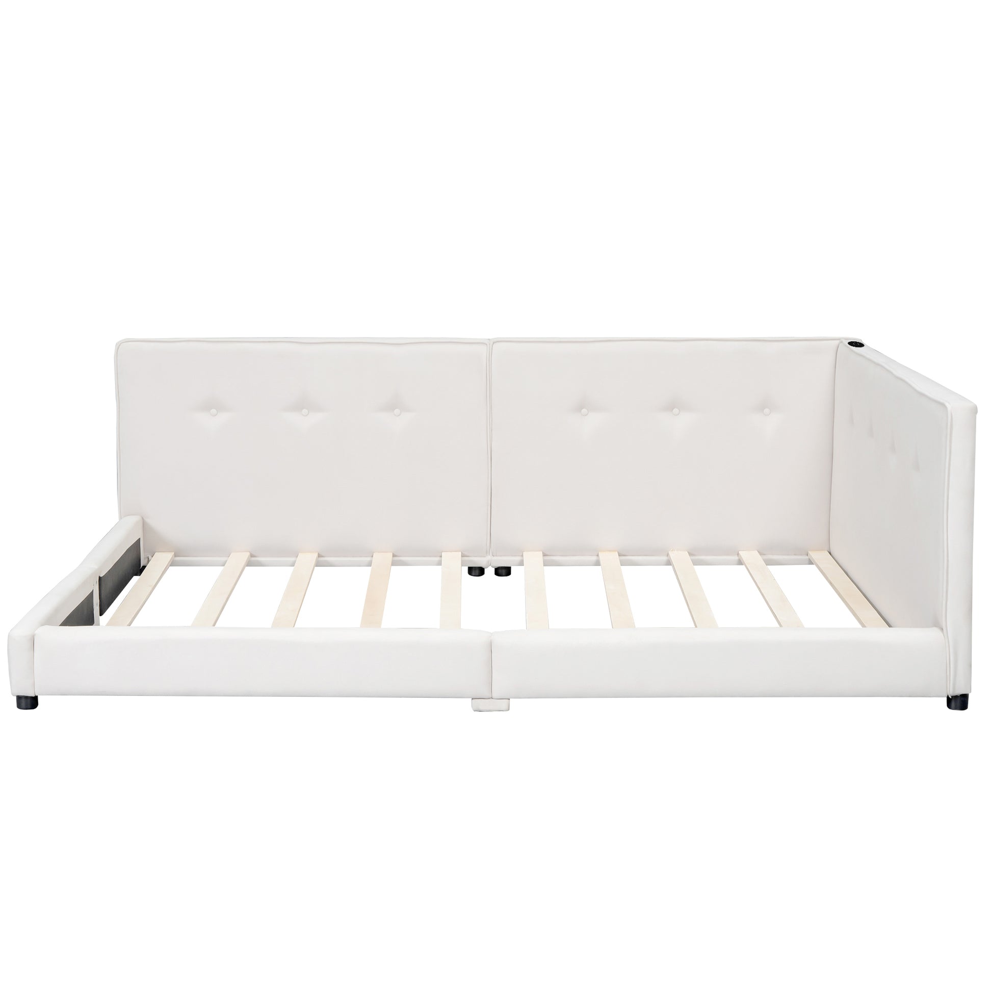 Upholstered Queen Size Platform Bed With Usb Ports, Beige Queen Box Spring Not Required Beige Linen