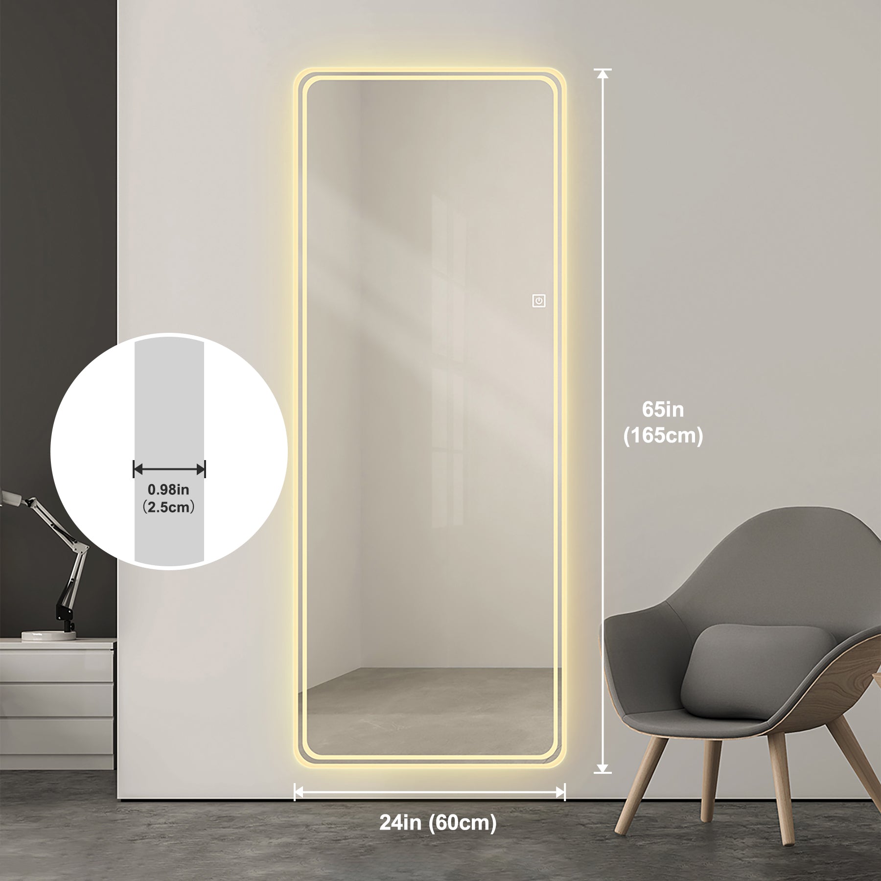 65"X24" Full Length Floor Mirror Led Whole Body Mirror, Wall Mounted Hanging Mirror With Lights, Makeup Vanity Mirror, Bedroom Full Size Body Mirror With Dimming & 3 Color Modes Clear Glass