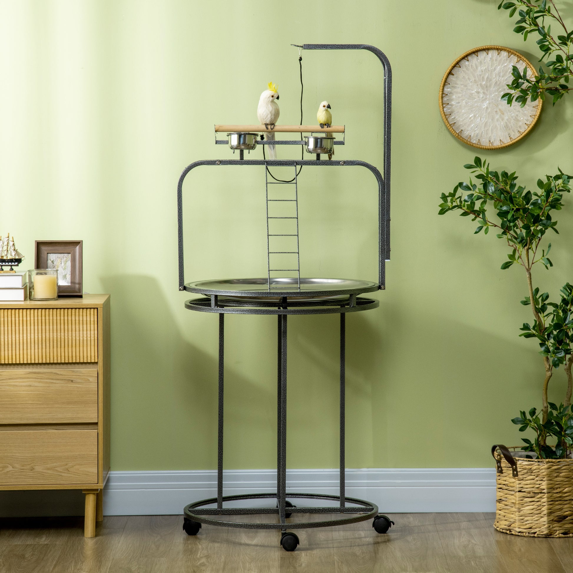 Pawhut Parrot Stand Large Bird Perch Stand With Toy Hook & 3 Ladders, Parrot Perch With Easy Grip, Bird Wooden Stand, Gray Gray Steel