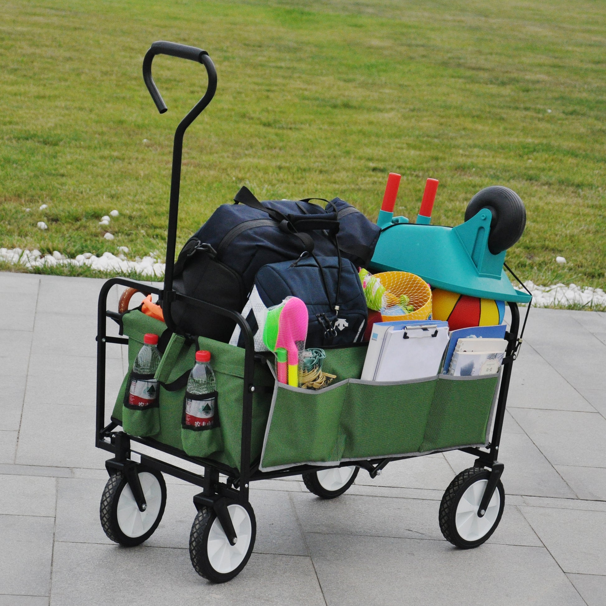 Folding Wagon Garden Shopping Beach Cart Green Grass Green Metal